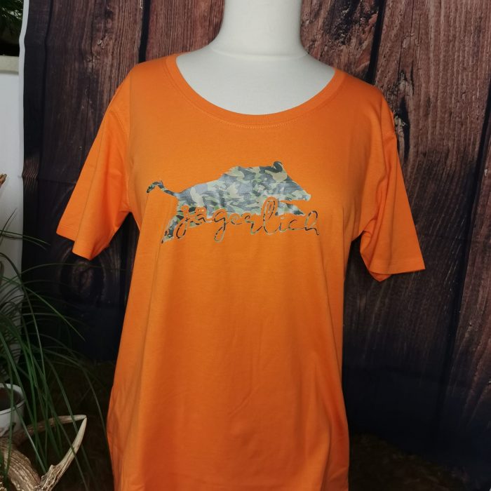 Orange T-Shirt mit Motiv Wildsau / Sau in camouflage