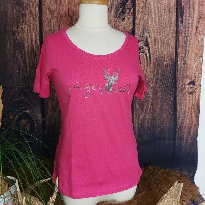 Pink T-Shirt mit Motiv Jägerlich Hirsch in camouflage